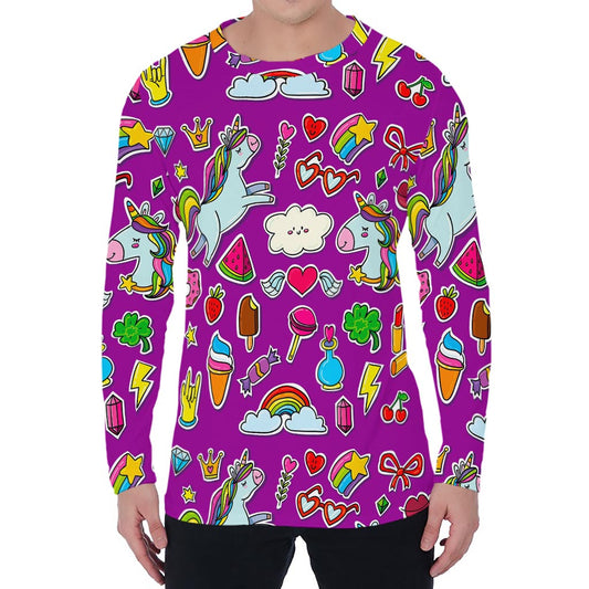 Purple Girly Unicorn Pattern Print Men's Long Sleeve T-Shirt