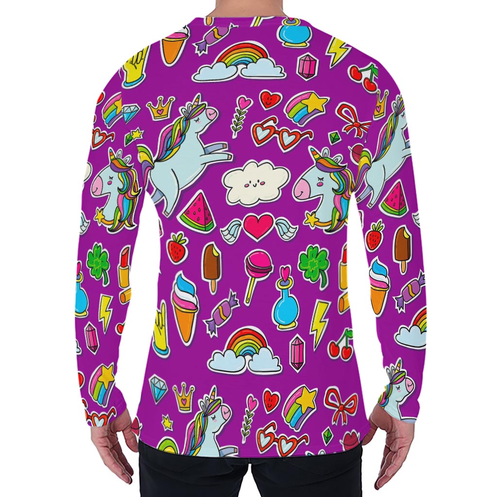 Purple Girly Unicorn Pattern Print Men's Long Sleeve T-Shirt