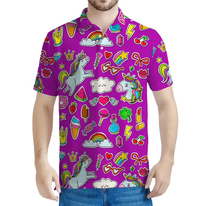Purple Girly Unicorn Pattern Print Men's Polo Shirt