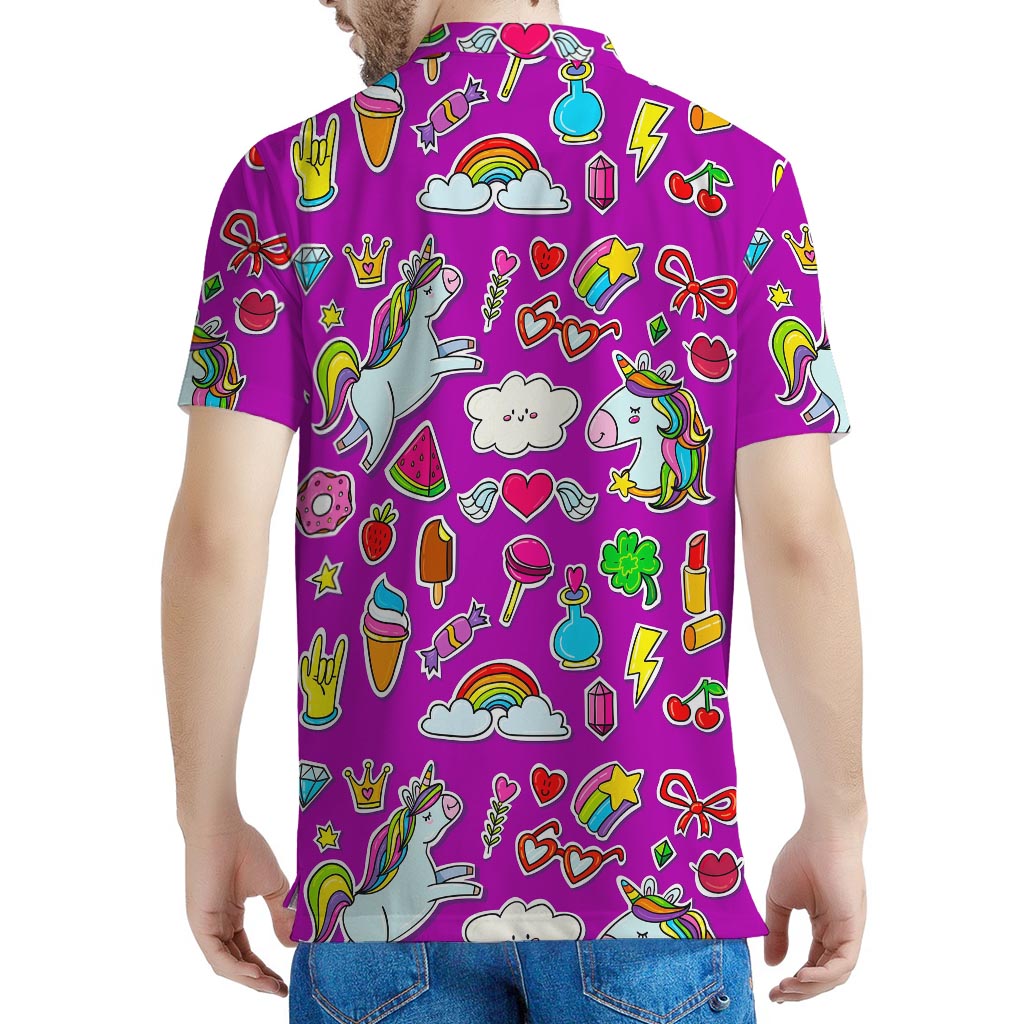 Purple Girly Unicorn Pattern Print Men's Polo Shirt