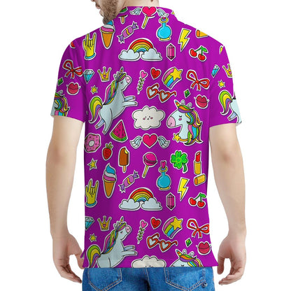 Purple Girly Unicorn Pattern Print Men's Polo Shirt