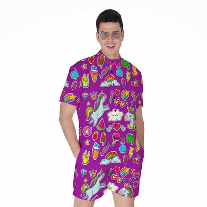 Purple Girly Unicorn Pattern Print Men's Rompers