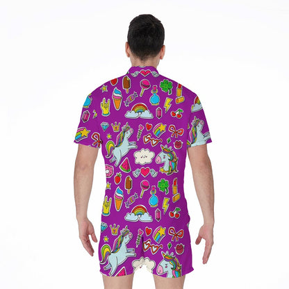 Purple Girly Unicorn Pattern Print Men's Rompers