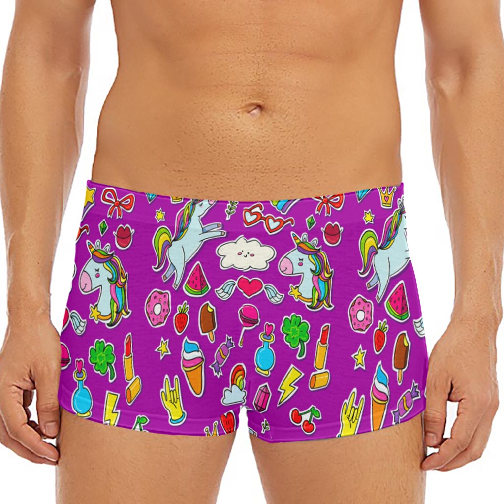 Purple Girly Unicorn Pattern Print Men's Short Boxer Briefs