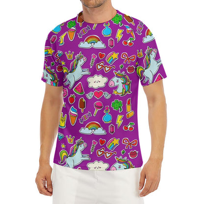 Purple Girly Unicorn Pattern Print Men's Short Sleeve Rash Guard