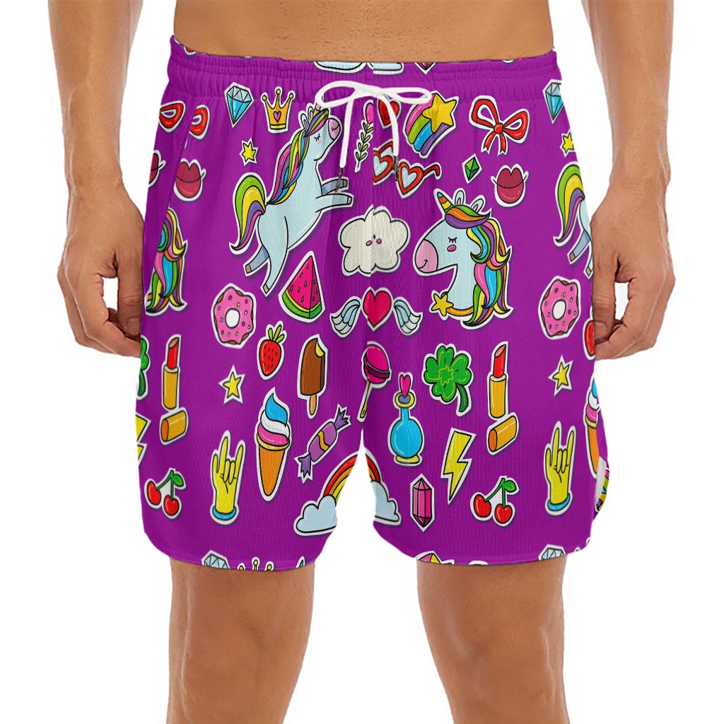 Purple Girly Unicorn Pattern Print Men's Split Running Shorts