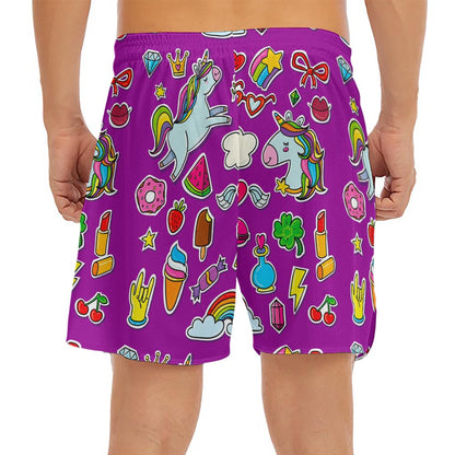 Purple Girly Unicorn Pattern Print Men's Split Running Shorts
