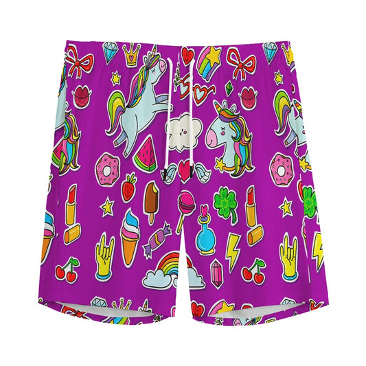 Purple Girly Unicorn Pattern Print Men's Sports Shorts