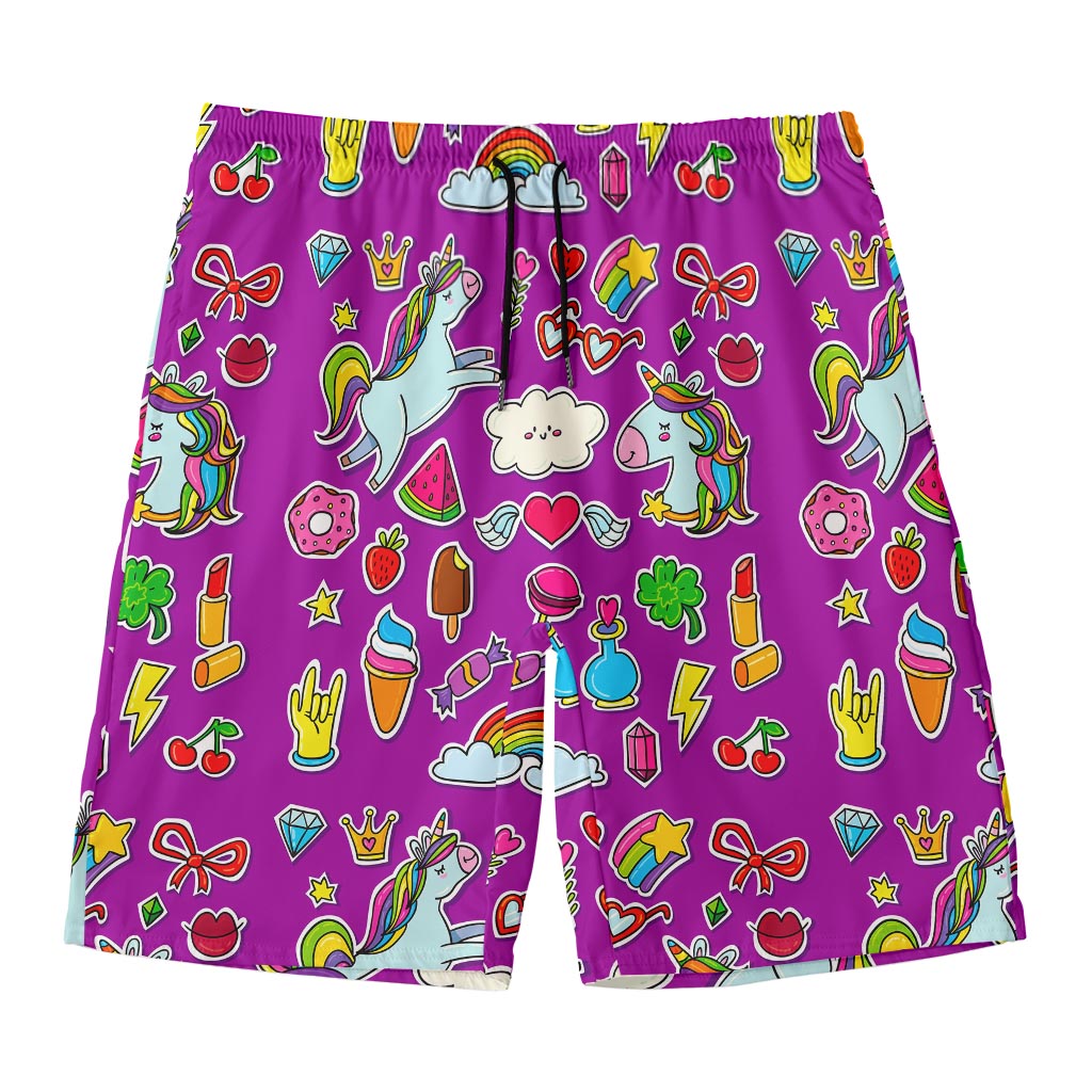 Purple Girly Unicorn Pattern Print Men's Swim Trunks