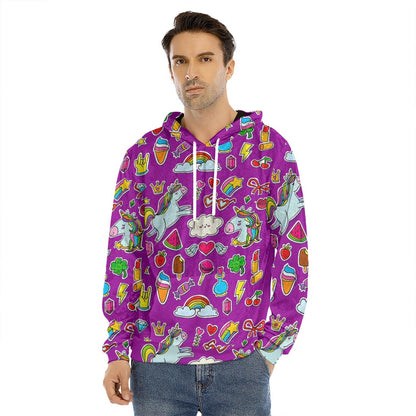 Purple Girly Unicorn Pattern Print Men's Velvet Pullover Hoodie
