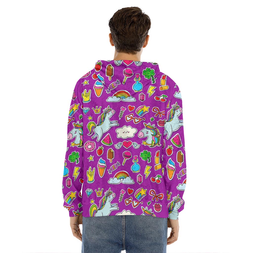 Purple Girly Unicorn Pattern Print Men's Velvet Pullover Hoodie