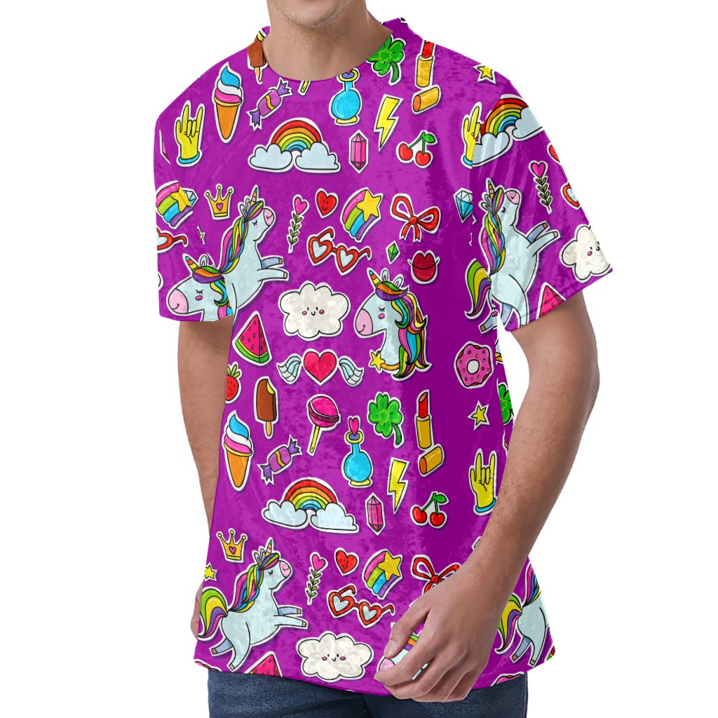 Purple Girly Unicorn Pattern Print Men's Velvet T-Shirt