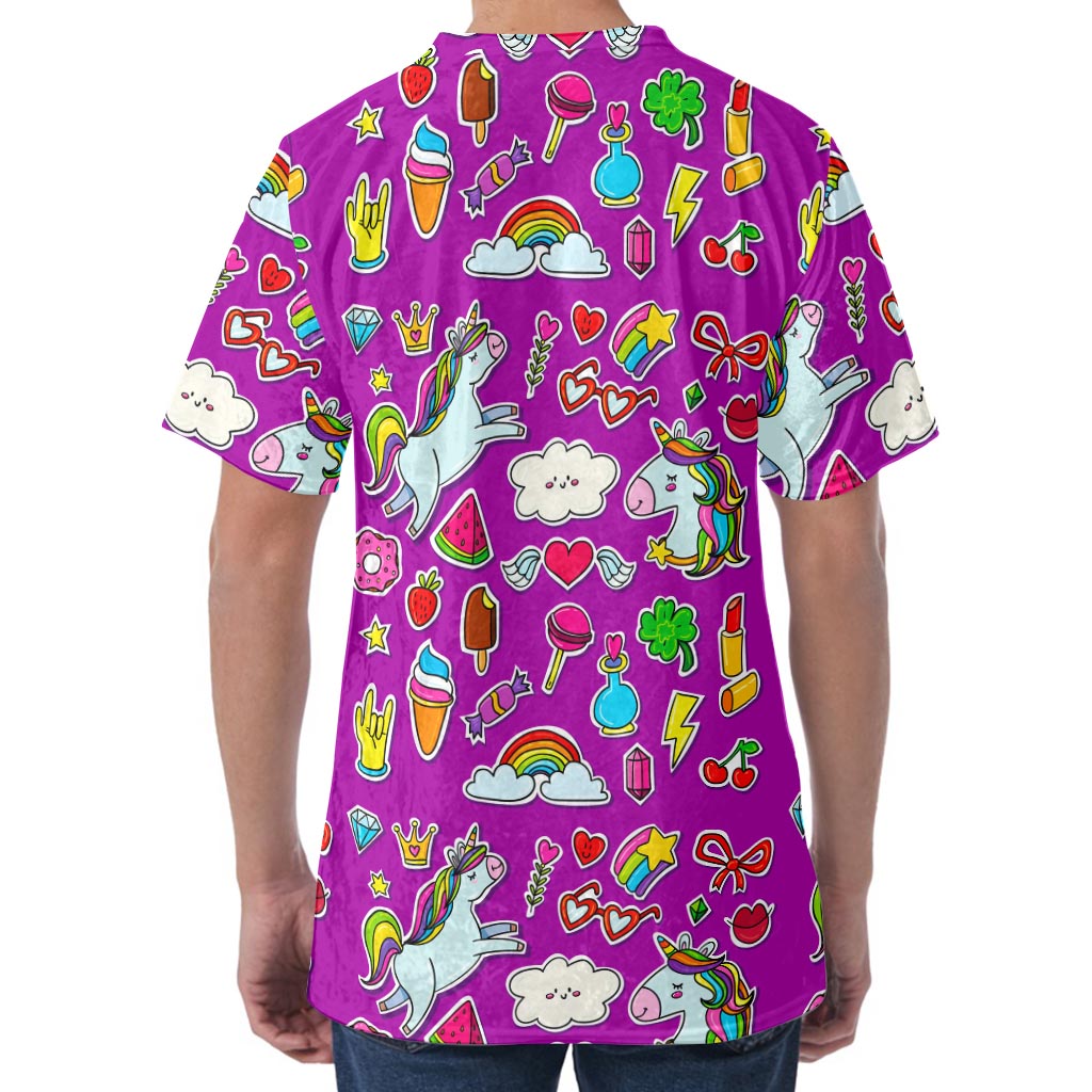 Purple Girly Unicorn Pattern Print Men's Velvet T-Shirt