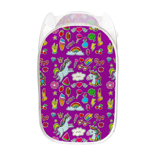 Purple Girly Unicorn Pattern Print Mesh Laundry Hamper