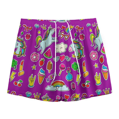 Purple Girly Unicorn Pattern Print Mesh Shorts