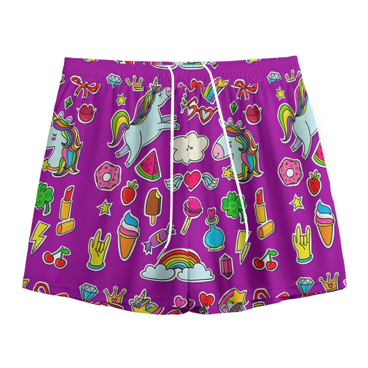 Purple Girly Unicorn Pattern Print Mesh Shorts