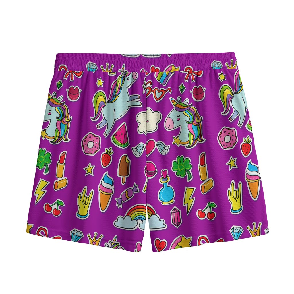 Purple Girly Unicorn Pattern Print Mesh Shorts