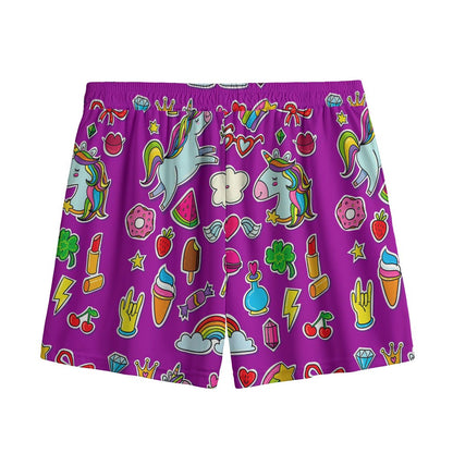 Purple Girly Unicorn Pattern Print Mesh Shorts