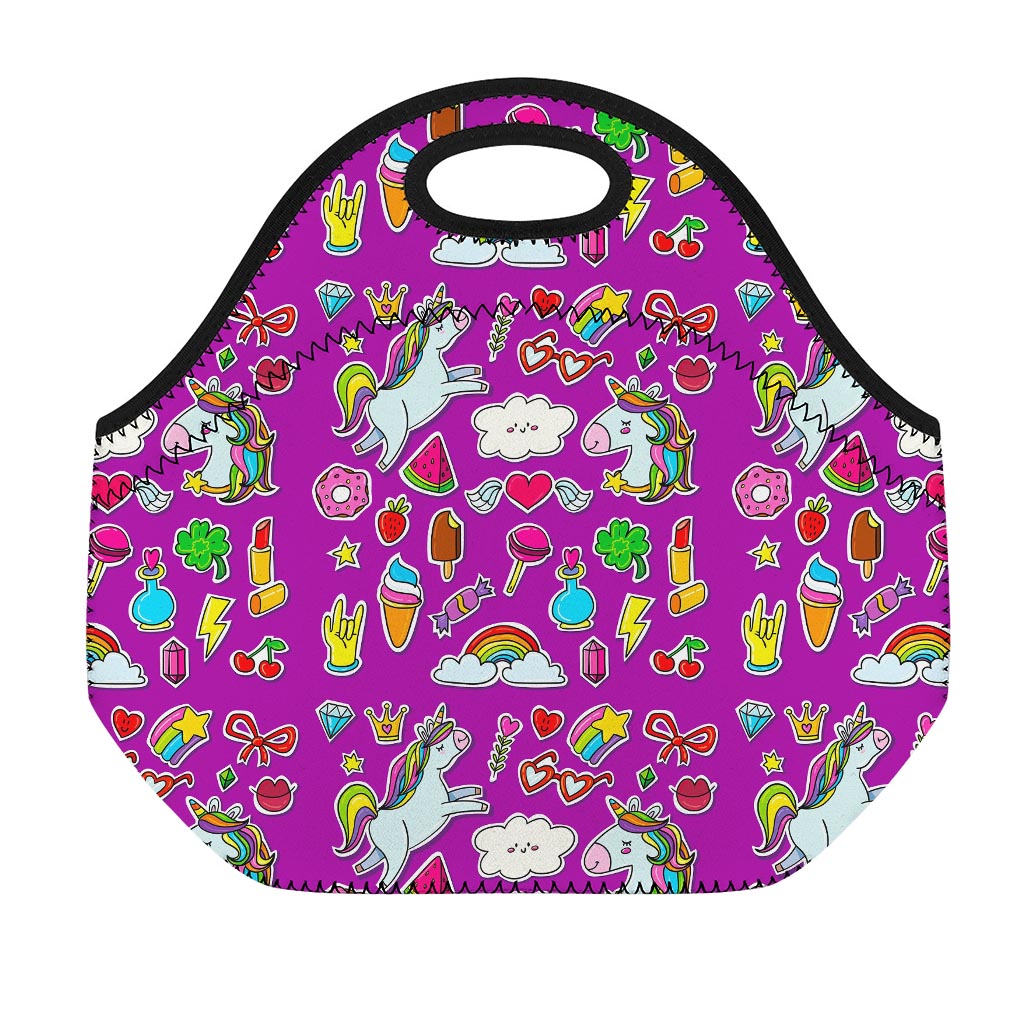 Purple Girly Unicorn Pattern Print Neoprene Lunch Bag