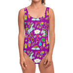 Purple Girly Unicorn Pattern Print One Piece Swimsuit