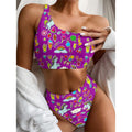 Purple Girly Unicorn Pattern Print One Shoulder Bikini Set