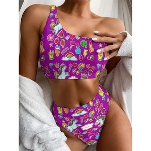 Purple Girly Unicorn Pattern Print One Shoulder Bikini Top