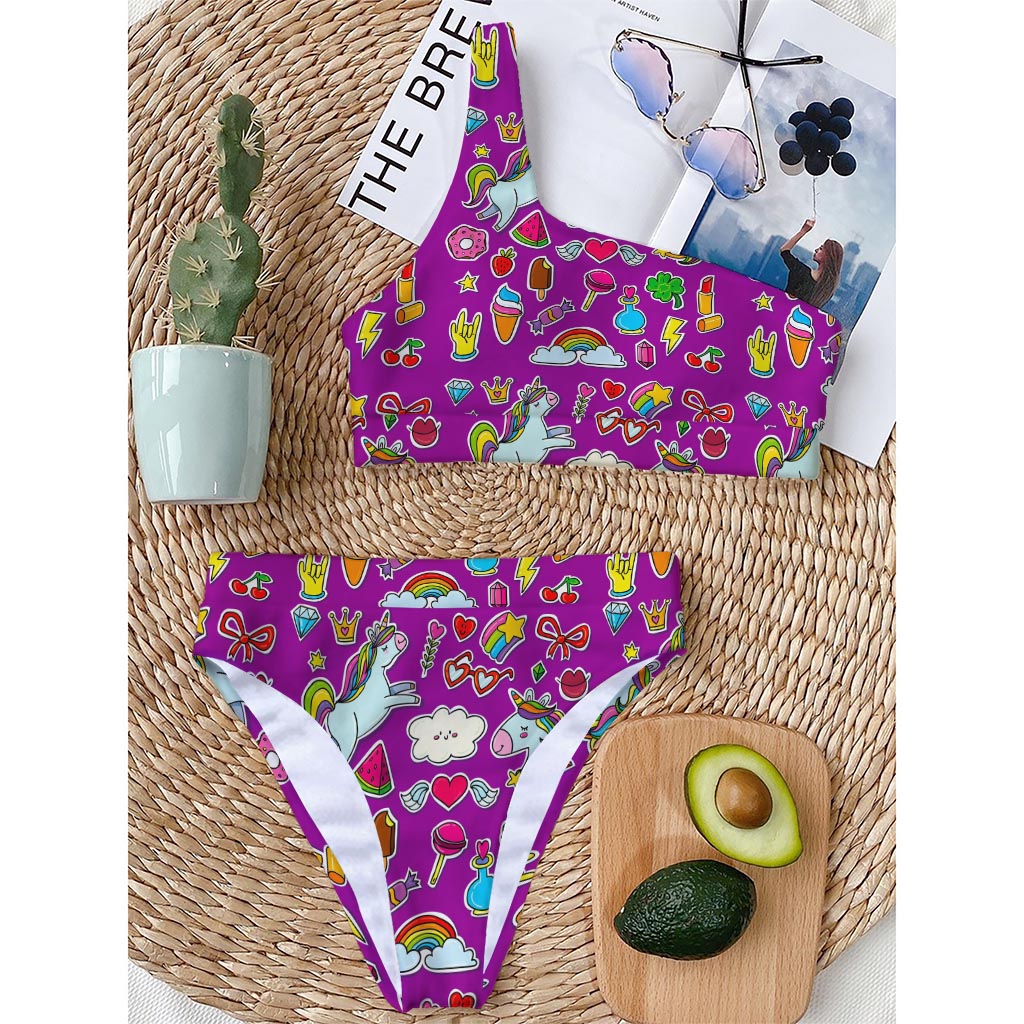 Purple Girly Unicorn Pattern Print One Shoulder Bikini Top