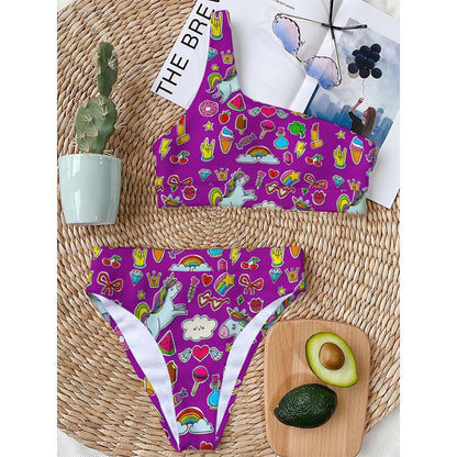 Purple Girly Unicorn Pattern Print One Shoulder Bikini Top