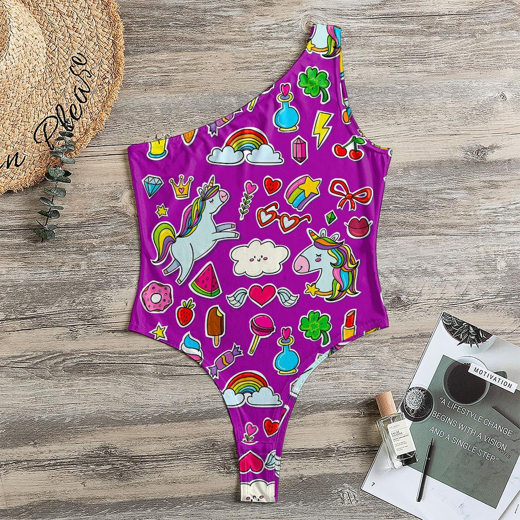 Purple Girly Unicorn Pattern Print One Shoulder Bodysuit