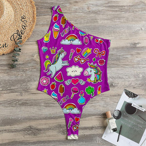 Purple Girly Unicorn Pattern Print One Shoulder Bodysuit