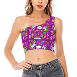 Purple Girly Unicorn Pattern Print One Shoulder Crop Top