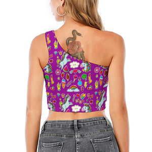 Purple Girly Unicorn Pattern Print One Shoulder Crop Top