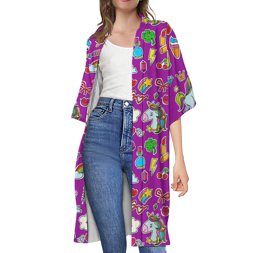 Purple Girly Unicorn Pattern Print Open Front Beach Cover Up