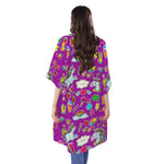 Purple Girly Unicorn Pattern Print Open Front Beach Cover Up