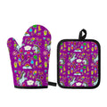 Purple Girly Unicorn Pattern Print Oven Mitt And Pot Holder Set