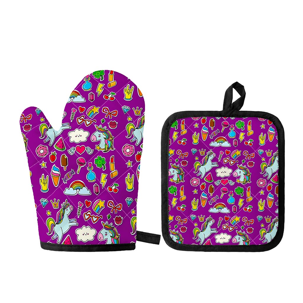 Purple Girly Unicorn Pattern Print Oven Mitt And Pot Holder Set