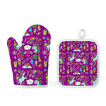 Purple Girly Unicorn Pattern Print Oven Mitt And Pot Holder Set
