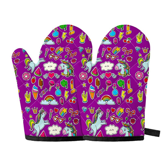 Purple Girly Unicorn Pattern Print Oven Mitts