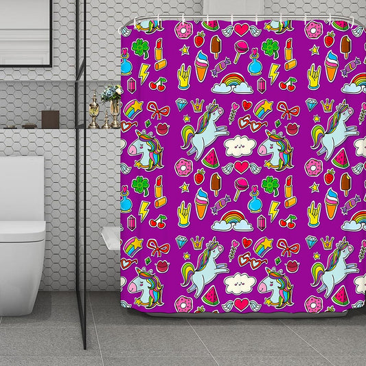 Purple Girly Unicorn Pattern Print Polyester Shower Curtain