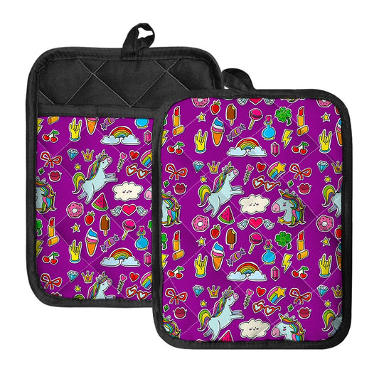 Purple Girly Unicorn Pattern Print Pot Holders With Pocket