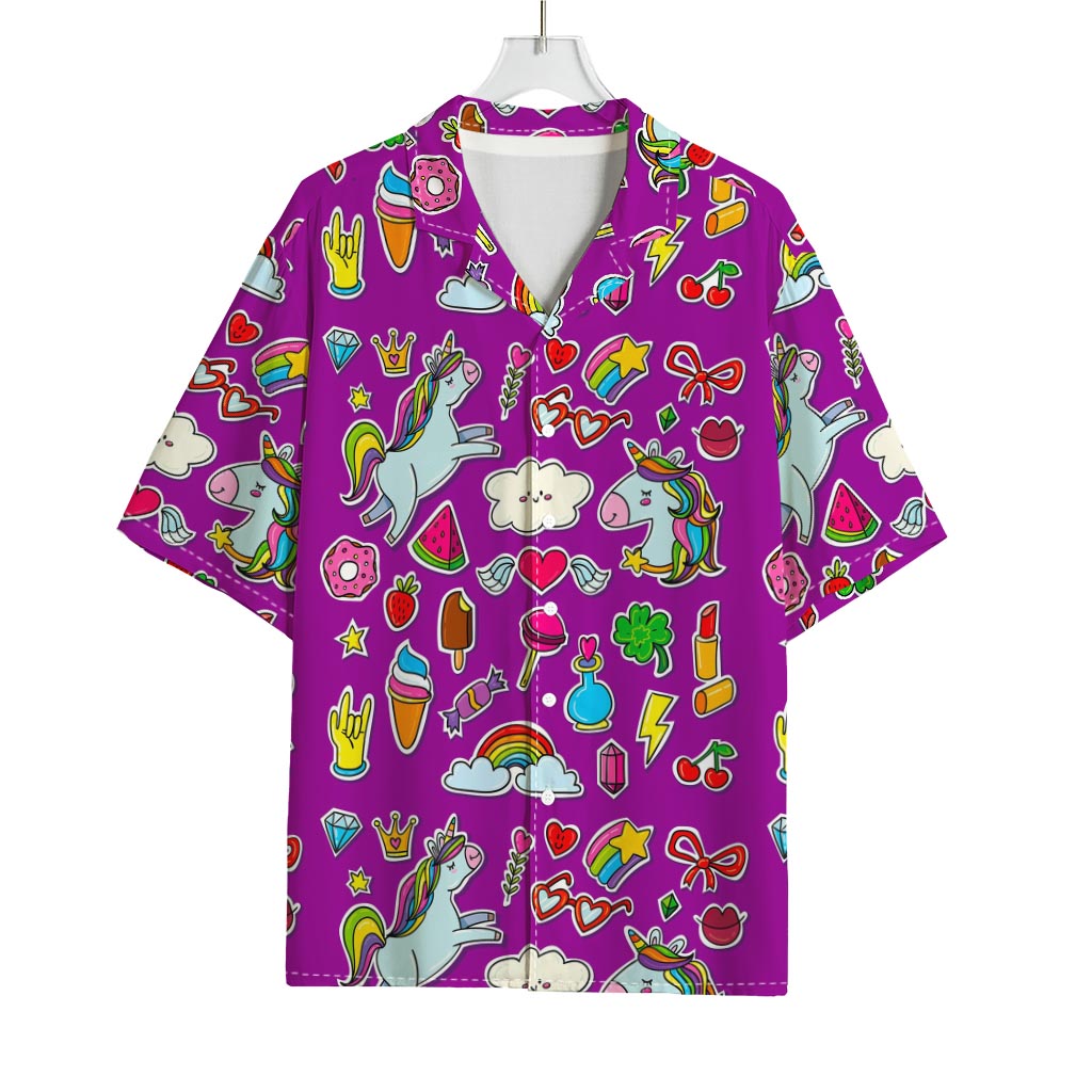 Purple Girly Unicorn Pattern Print Rayon Hawaiian Shirt