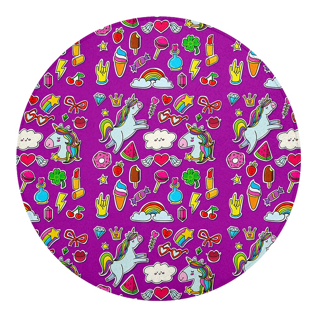 Purple Girly Unicorn Pattern Print Round Blanket
