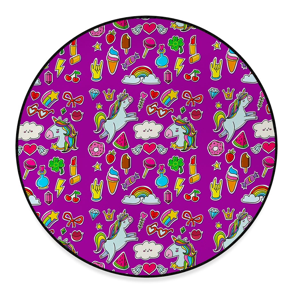 Purple Girly Unicorn Pattern Print Round Floor Mat