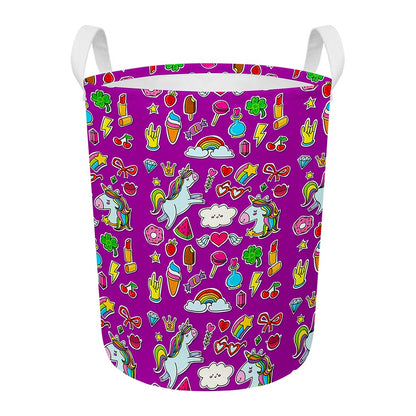 Purple Girly Unicorn Pattern Print Round Laundry Basket