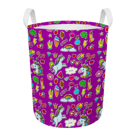 Purple Girly Unicorn Pattern Print Round Laundry Basket