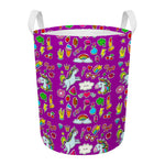 Purple Girly Unicorn Pattern Print Round Laundry Basket