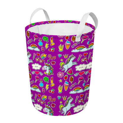 Purple Girly Unicorn Pattern Print Round Laundry Basket