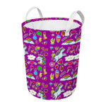 Purple Girly Unicorn Pattern Print Round Laundry Basket
