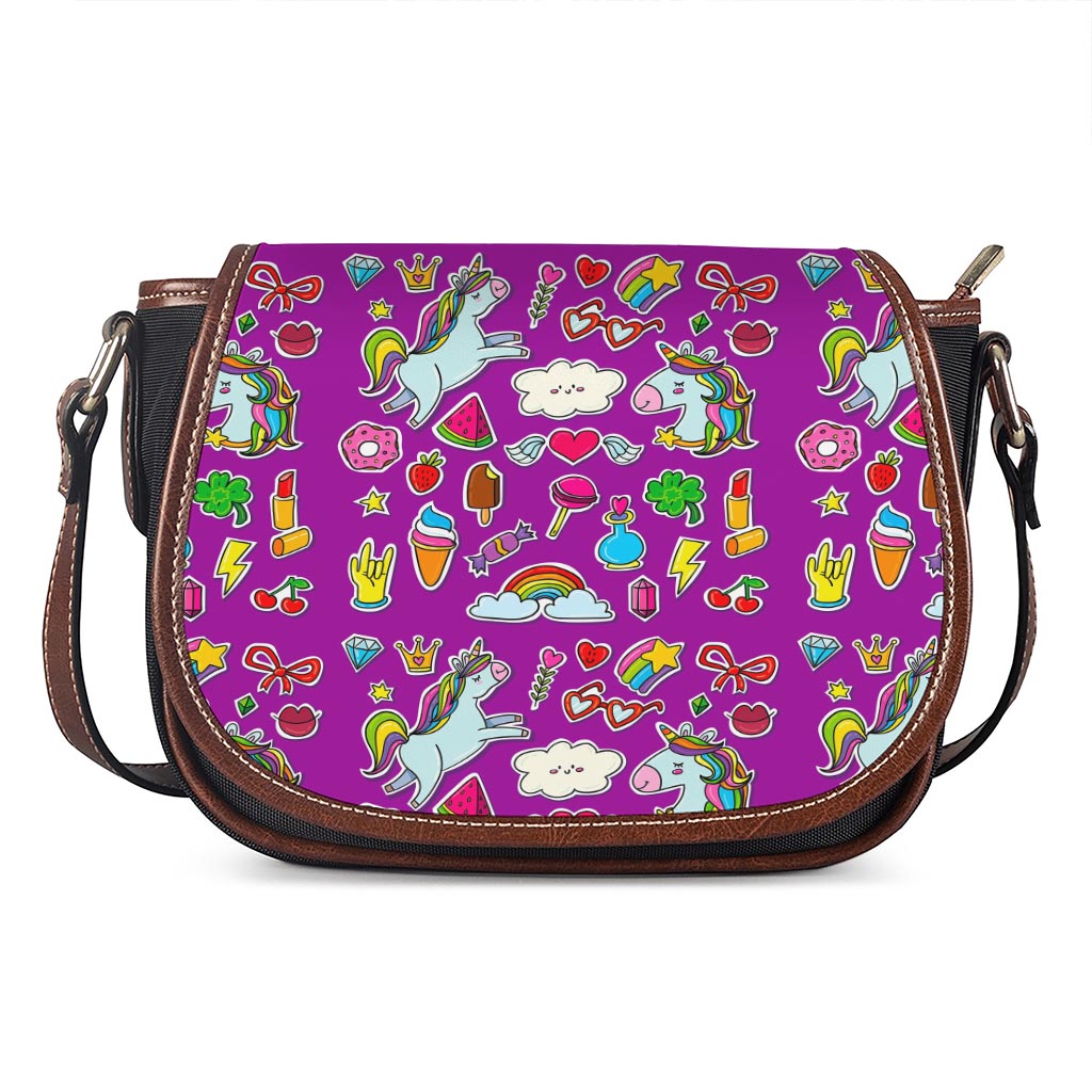 Purple Girly Unicorn Pattern Print Saddle Bag