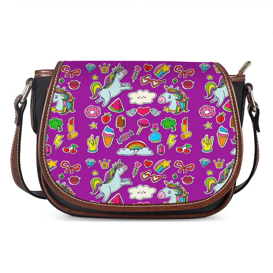 Purple Girly Unicorn Pattern Print Saddle Bag